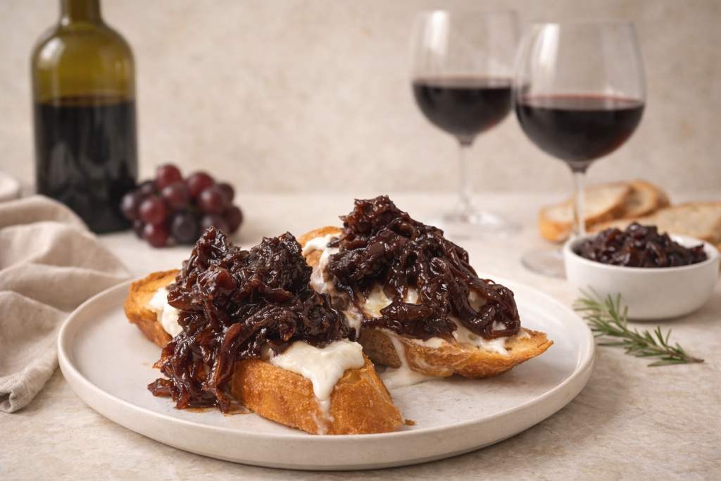 Брускетта с луковым мармеладом и страчателлой