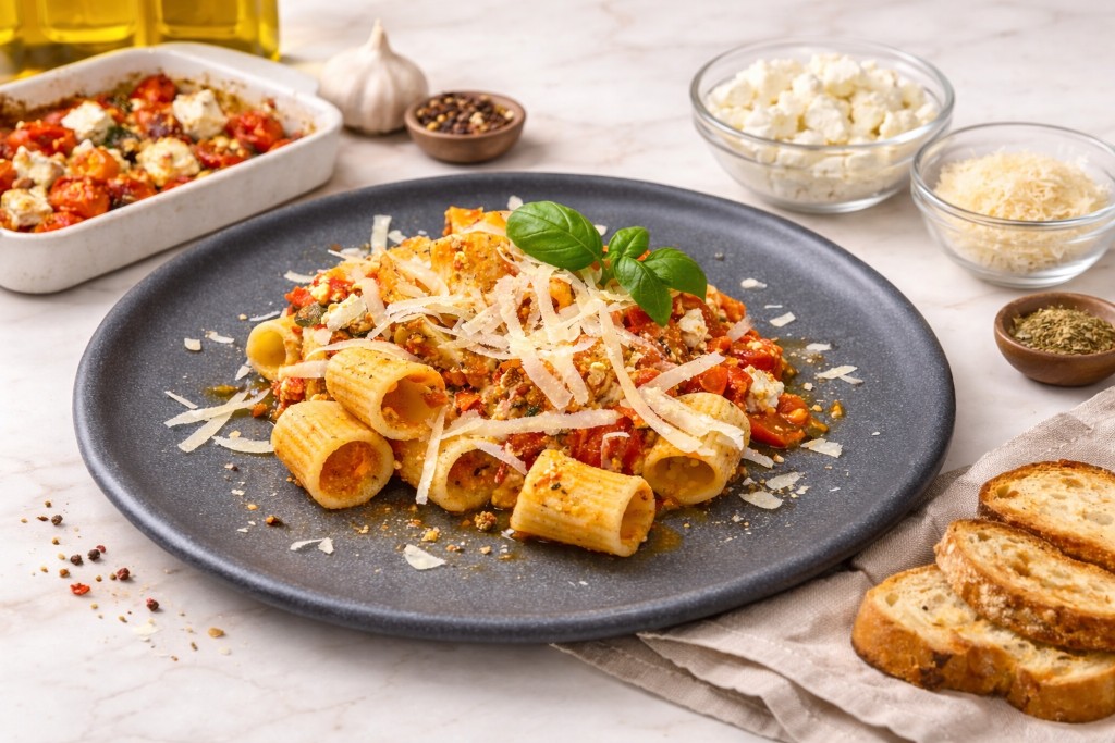 Паста с запеченными помидорами и фетой