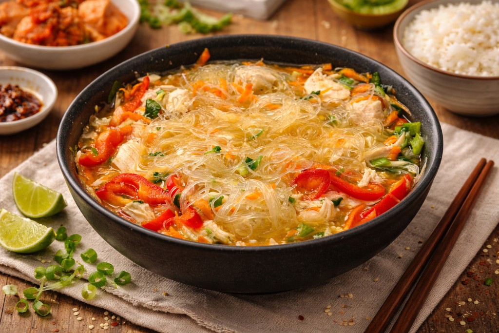 Овощной мисо суп с курицей и фунчозой